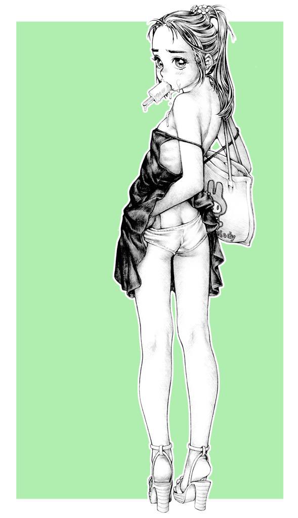 1girl, ass, bag, clothes_lift, dress, dress_lift, fellatio, flat_ass