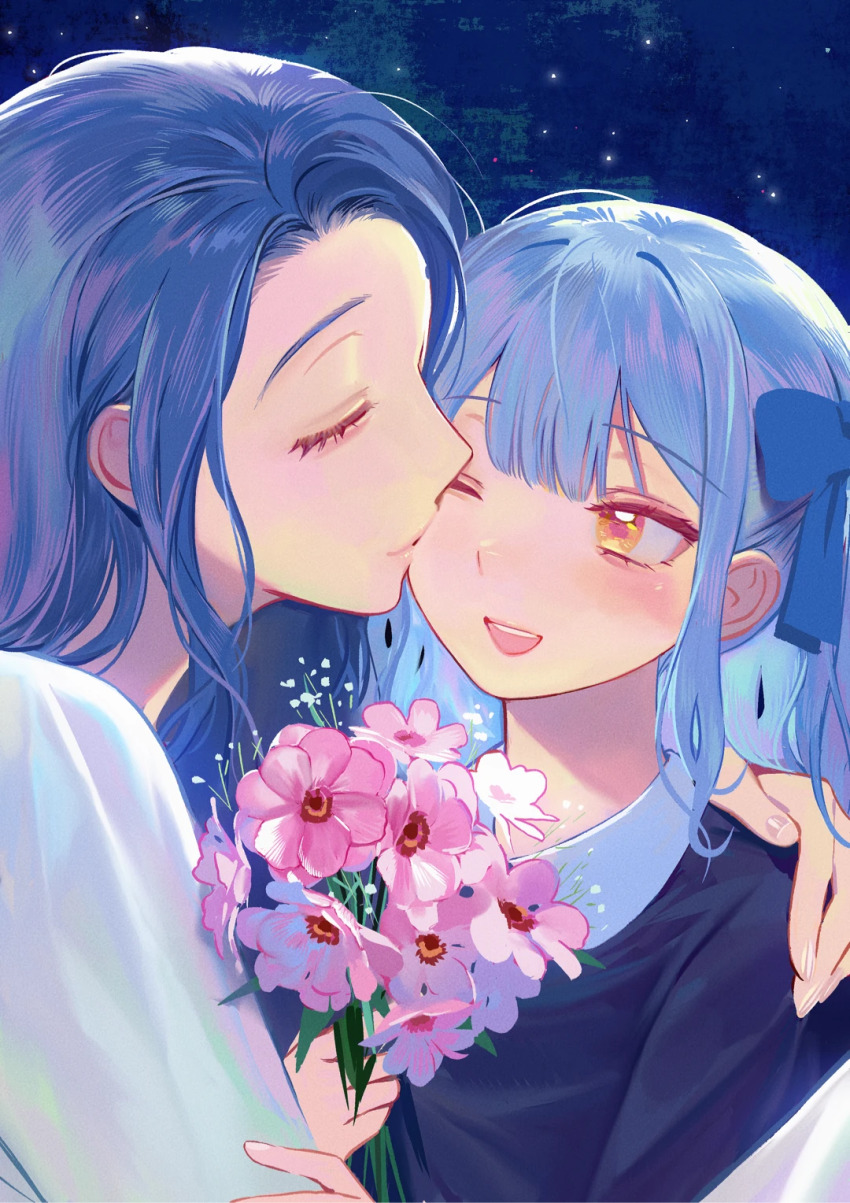 2girls, ;d, age_difference, aged_down, bang_dream!, bang_dream!_it's_mygo!!!!!, blue_background, blue_bow, blue_hair, blush, bouquet, bow, center-flap_bangs, child, chinese_commentary, closed_eyes, closed_mouth, commentary_request, dark_blue_hair, fingernails, flower, forehead, hair_bow, hand_on_another's_shoulder, highres, holding, holding_bouquet, kiss, kissing_cheek, looking_at_another, making-of_available, mother_and_child, mother_and_daughter, multiple_girls, one_eye_closed, open_mouth, parent_and_child, pink_flower, profile, ranunculus, shiro_(shirohakura), sidelocks, smile, star_(sky), starry_sky_background, teeth, togawa_mizuho, togawa_sakiko, u_u, upper_body, upper_teeth_only, yellow_eyes