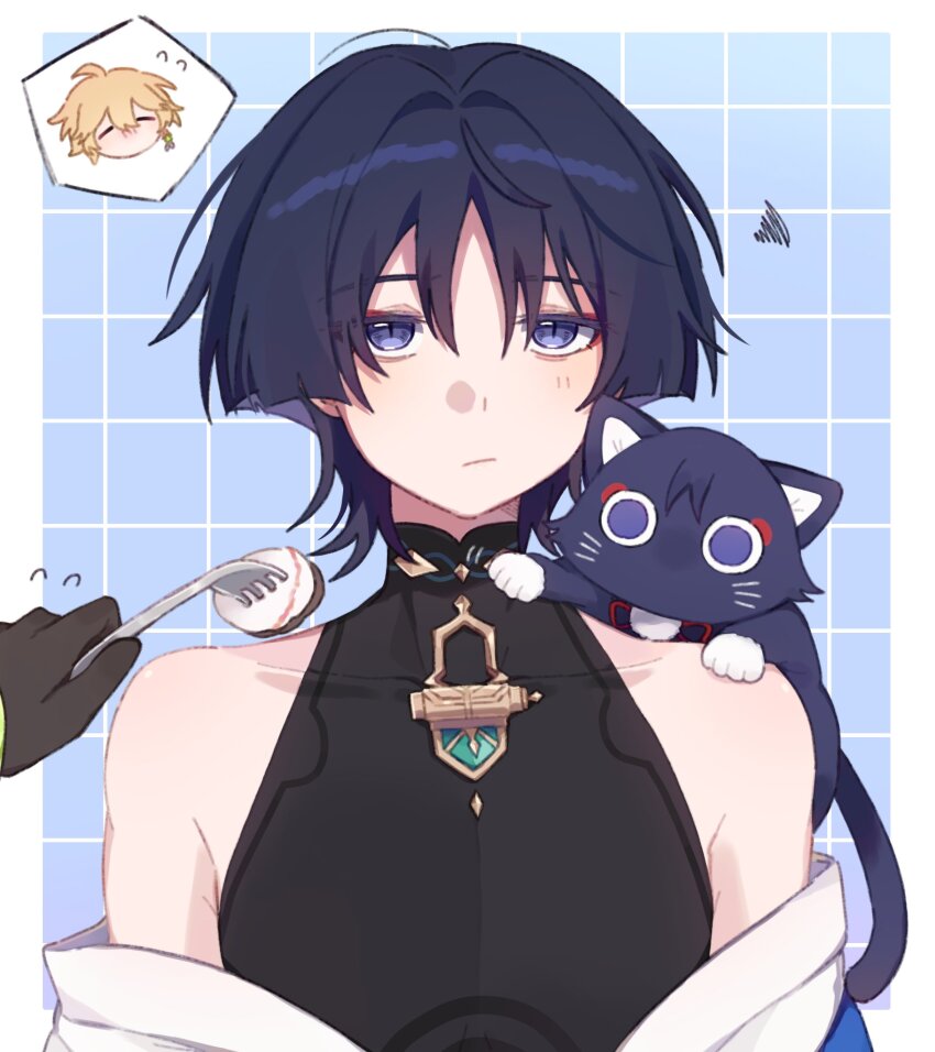 2boys, absurdres, aether_(genshin_impact), bishounen, black_bodysuit, black_cat, black_hair, blonde_hair