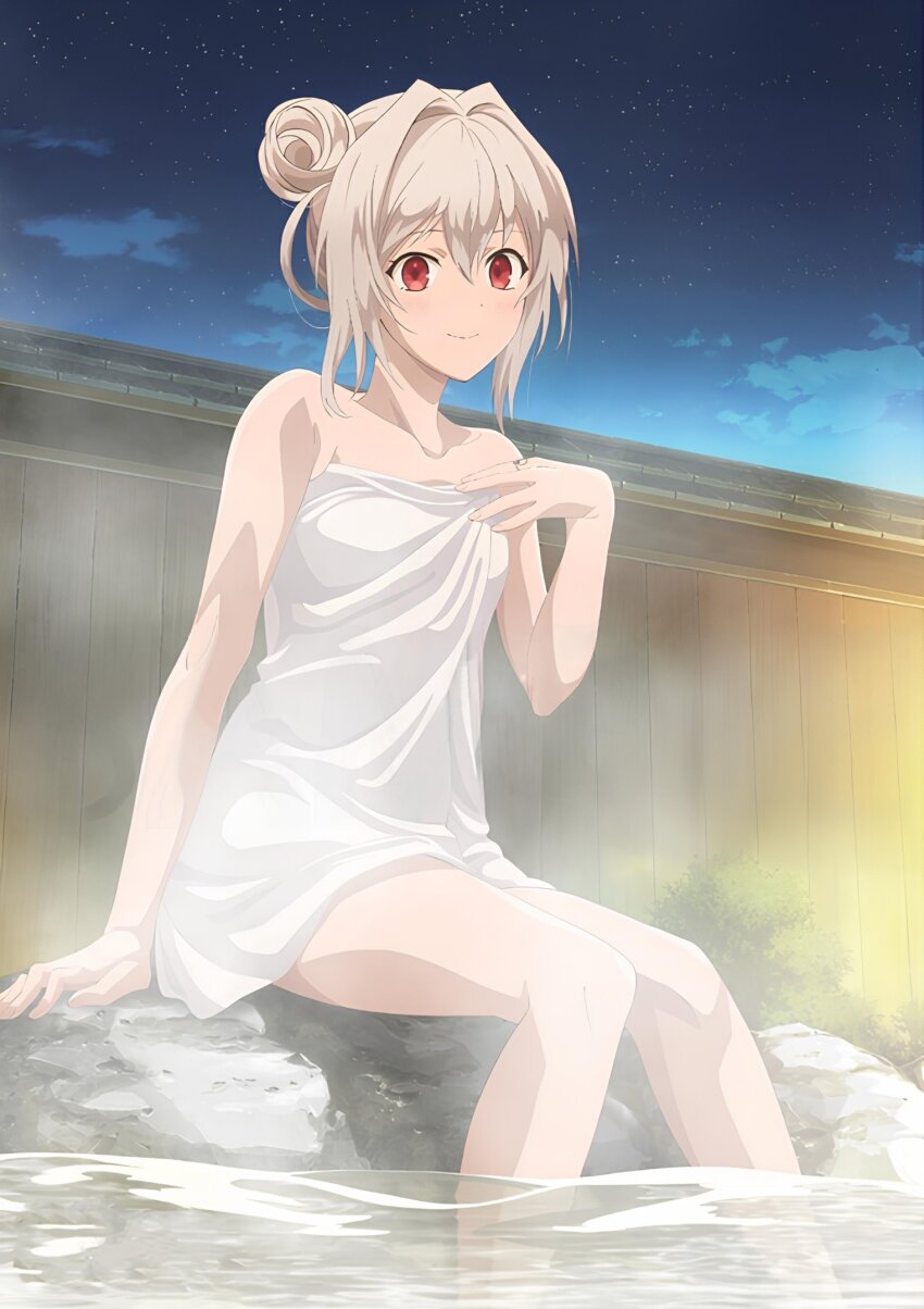 1girl, alternate_hairstyle, bare_shoulders, breasts, collarbone, grey_hair, hair_between_eyes, hair_bun