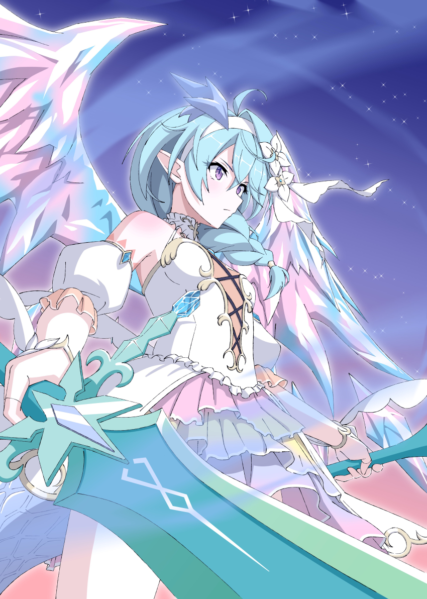 1girl, absurdres, blue_hair, blue_horns, cross-laced_clothes, cross-laced_dress, crystal_horns, crystal_wings