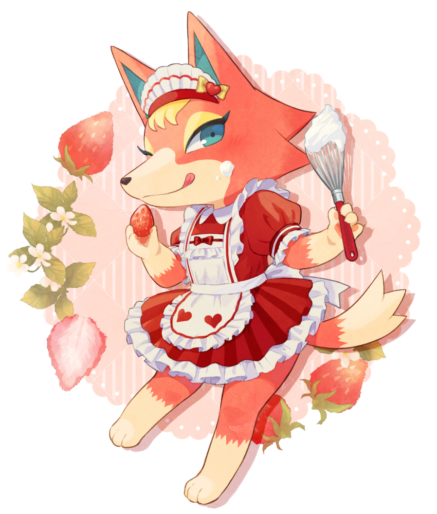 1girl, 96_(96zkin), :q, animal_crossing, animal_crossing:_new_horizons, apron, audie_(animal_crossing), blonde_hair, blue_eyes, closed_mouth, collar, collared_dress, cream, deformed, dress, drop_shadow, food, food_on_face, fox_girl, frilled_dress, frills, fruit, full_body, furry, hand_up, heart, heart_print, highres, holding, holding_food, holding_whisk, leaf, lolita_fashion, maid, maid_headdress, nintendo, orange_fur, pink_background, puffy_short_sleeves, puffy_sleeves, red_dress, short_sleeves, solo, standing, standing_on_one_leg, strawberry, tail, tongue, tongue_out, tsurime, two-tone_fur, whisk, white_apron, white_background, white_collar, wing_collar, yellow_fur