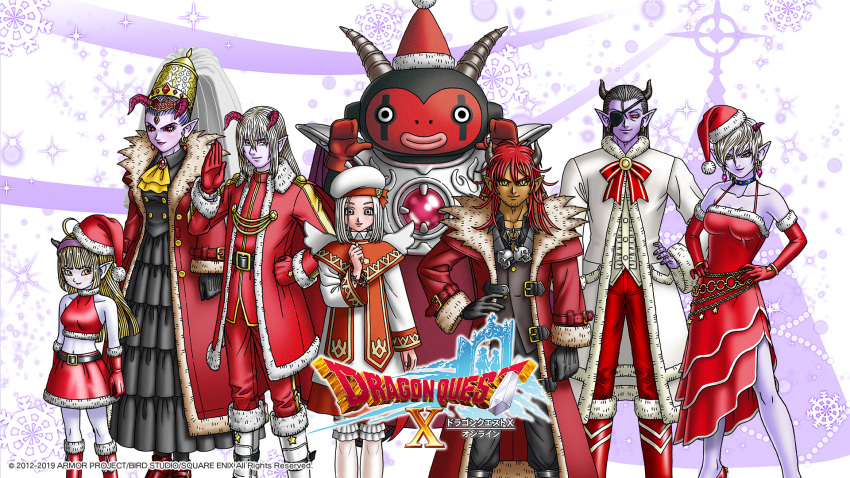 4boys, 4girls, ahoge, artist_request, ascot, azbar_(dragon_quest), black_dress, black_hair