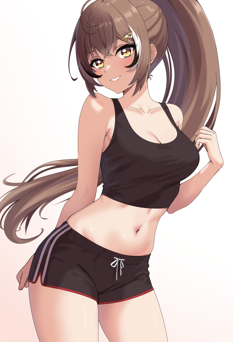 1girl, alternate_costume, black_shorts, black_tank_top, breasts, brown_eyes, brown_hair, cleavage