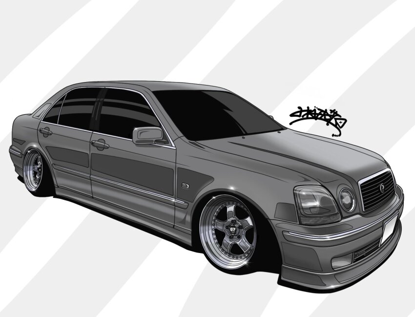 banato1215, car, diagonal-striped_background, glint, grey_car, greyscale, highres, monochrome