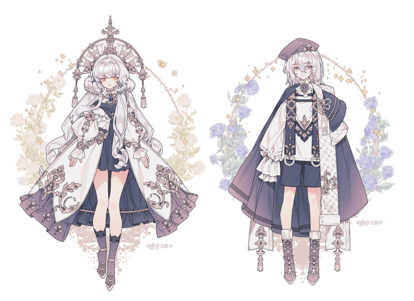 2girls, anklet, ascot, beret, black_cloak, black_dress, black_footwear, black_hat