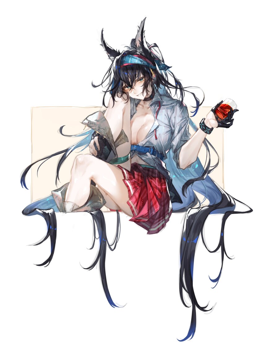 1girl, absurdres, alcohol, animal_ears, arknights, belt, black_boots, black_choker, black_gloves, black_hair, blaze_(arknights), blaze_(explosive_blue_flame)_(arknights), blue_belt, blue_headband, boots, breasts, cat_ears, cat_girl, choker, cleavage, collared_shirt, cup, drinking_glass, gloves, hair_spread_out, headband, highres, holding, holding_cup, infection_monitor_(arknights), long_hair, medium_breasts, red_skirt, shirt, skirt, smile, solo, takano_jiyuu, very_long_hair, white_shirt