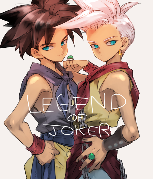 2boys, aqua_eyes, black_hair, blue_pants, blue_vest, bracer, chain, commentary_request