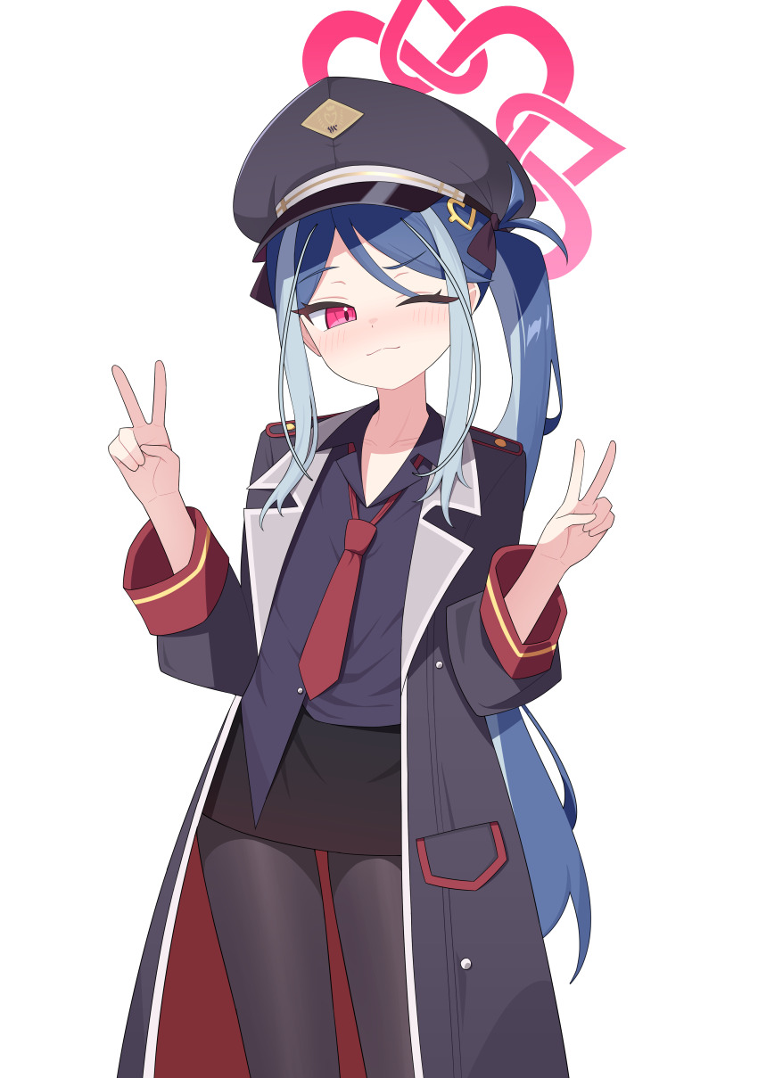 1girl, absurdres, black_coat, black_pantyhose, black_shirt, black_skirt, blue_archive, blue_hair