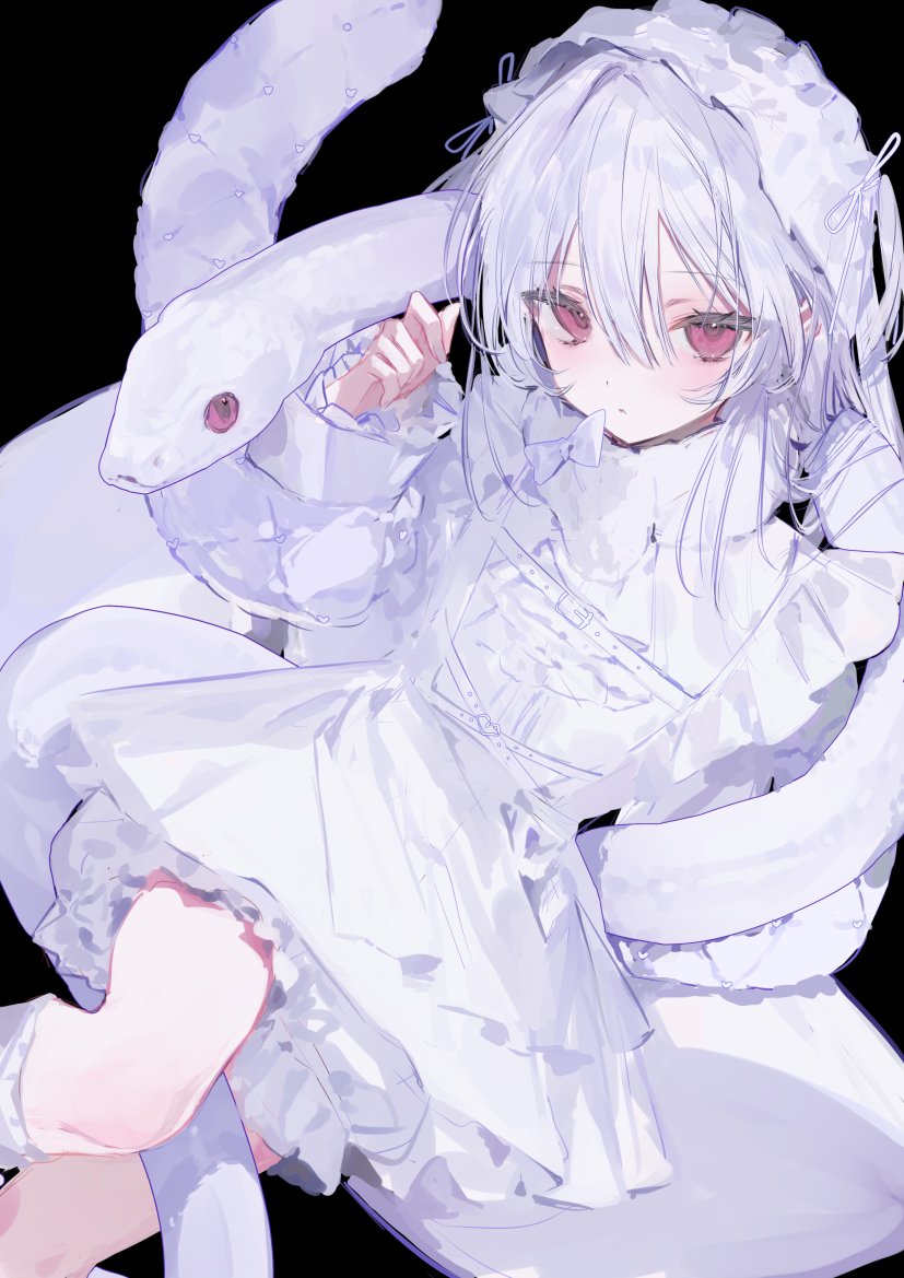 1girl, animal, belt, black_background, bloomers, bow, feet_out_of_frame, frills, giant_snake, gothic_lolita, hair_between_eyes, hairband, hand_up, hat, light_blush, lolita_fashion, lolita_hairband, long_sleeves, medium_hair, null1040, original, oversized_animal, red_eyes, simple_background, snake, snake_wrapped_around_body, solo, underwear, white_belt, white_bloomers, white_bow, white_hair, white_hat