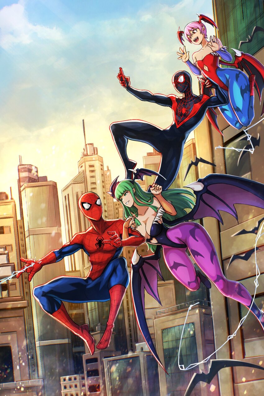 2boys, alex_dos_diaz, animal_print, bat_print, bat_wings, bodysuit, breasts, capcom