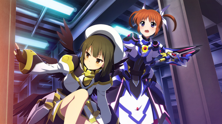 2girls, armor, armored_dress, ban_tsugumi, black_gloves, black_wings, blush, bob_cut