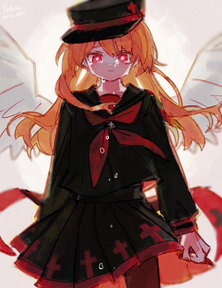 1girl, absurdres, amasonakius, angel, angel_wings, brown_hair, crying, funamusea