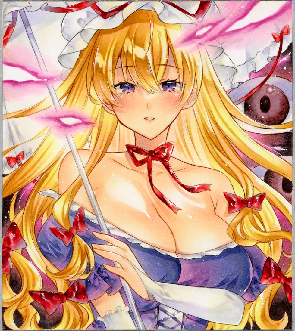 1girl, bare_shoulders, blonde_hair, blush, border, bow, breasts, bridal_gauntlets, choker, cleavage, collarbone, commentary_request, disembodied_eye, frilled_gloves, frilled_sleeves, frilled_umbrella, frills, gloves, grey_border, hair_bow, hat, hat_ribbon, holding, holding_umbrella, large_breasts, long_hair, looking_at_viewer, marker_(medium), mob_cap, multiple_hair_bows, off_shoulder, parasol, parted_lips, partial_commentary, puffy_short_sleeves, puffy_sleeves, purple_eyes, red_bow, red_ribbon, ribbon, ribbon_choker, short_sleeves, solo, takadono318, touhou, traditional_media, umbrella, upper_body, very_long_hair, white_gloves, white_hat, yakumo_yukari