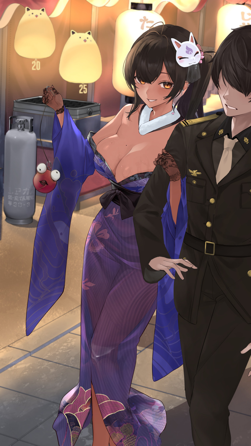 1boy, 1girl, absurdres, antenna_hair, bare_shoulders, belt, black_belt, black_hair