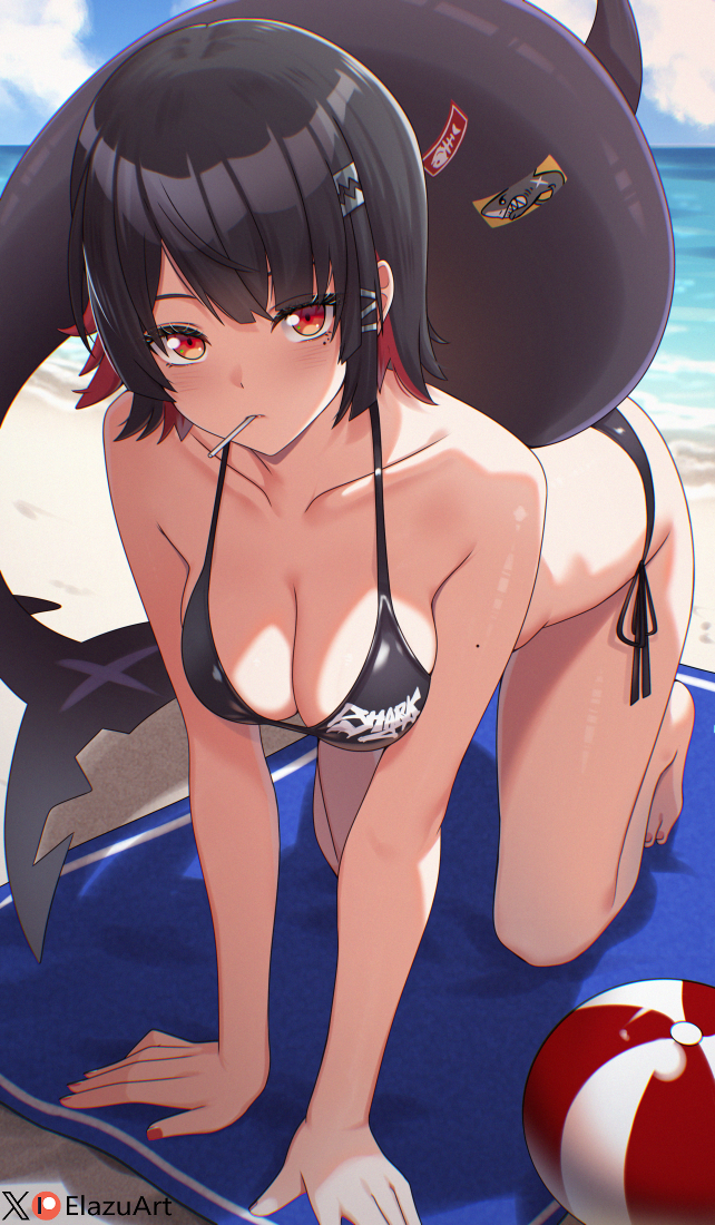 1girl, all_fours, artist_name, ball, beach, beach_towel, beachball, bikini, black_bikini, black_hair, black_tail, blue_sky, breasts, candy, cleavage, closed_mouth, cloud, collarbone, colored_inner_hair, day, elazu, ellen_joe, fins, fish_tail, food, food_in_mouth, hair_ornament, hairclip, holding, holding_candy, holding_food, holding_lollipop, lollipop, looking_at_viewer, medium_breasts, mole, mole_under_eye, multicolored_hair, ocean, outdoors, red_eyes, red_hair, shark_girl, shark_tail, short_hair, side-tie_bikini_bottom, sky, solo, swimsuit, tail, towel, two-tone_hair, zenless_zone_zero