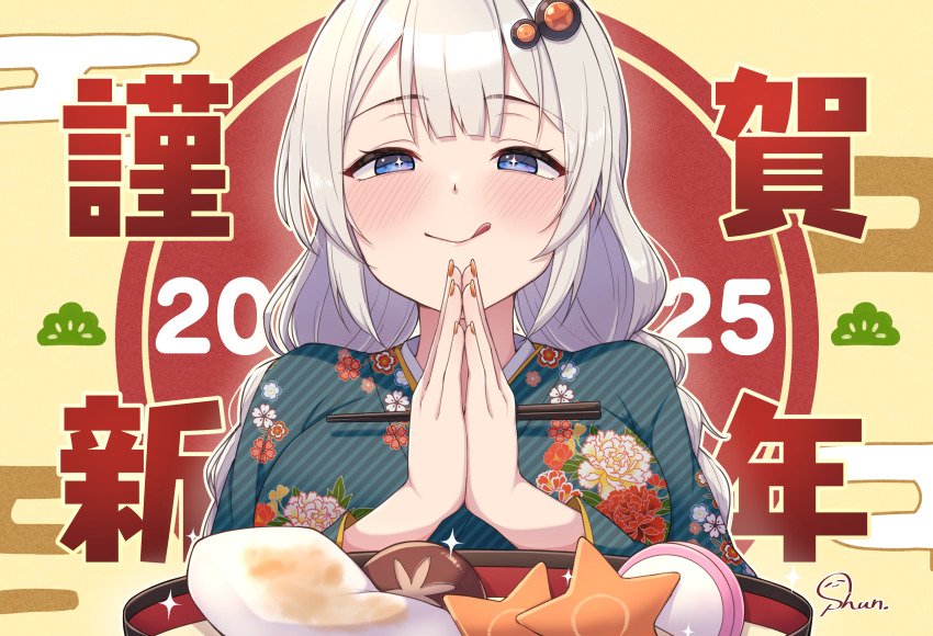 1girl, 2025, :q, artist_name, blue_eyes, blush, bowl, braid, chopsticks, commentary_request, diagonal-striped_kimono, floral_print, food, green_kimono, hair_ornament, highres, holding, holding_chopsticks, japanese_clothes, kimono, kizuna_akari, long_hair, own_hands_together, palms_together, print_kimono, shun_(b.c), simple_background, solo, sparkling_eyes, tongue, tongue_out, twin_braids, voiceroid, watermark, yellow_background