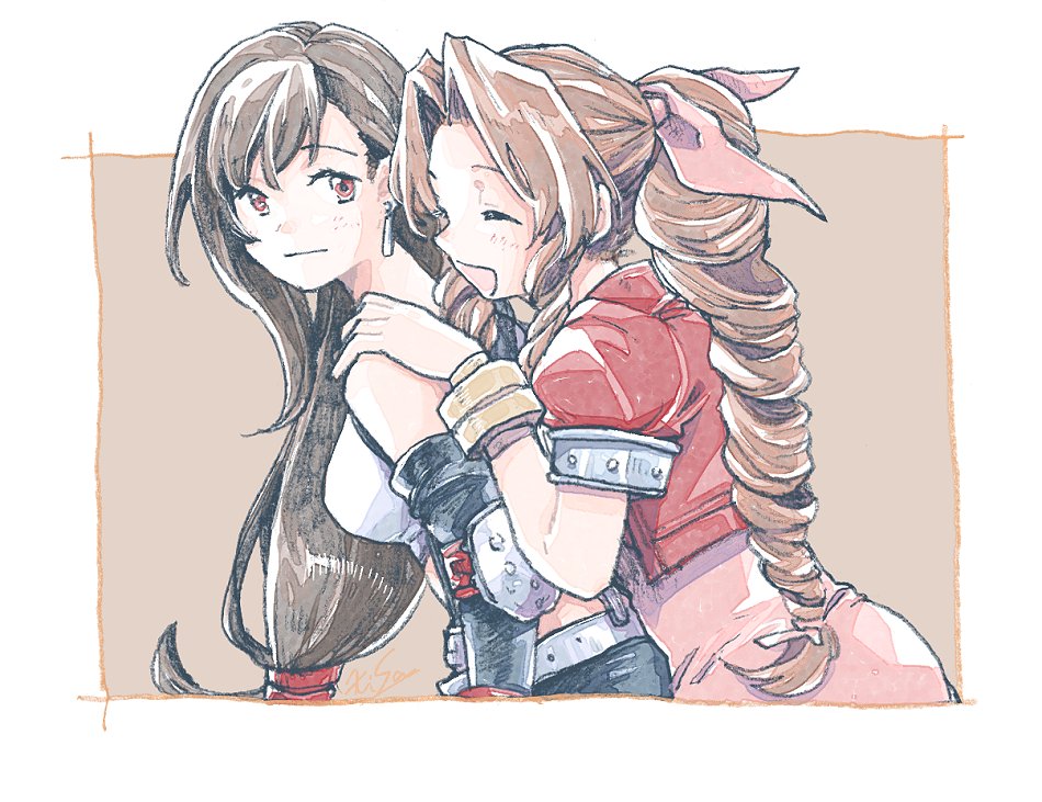 2girls, aerith_gainsborough, bangle, bare_shoulders, black_gloves, black_skirt, bracelet, braid, braided_ponytail, breasts, brown_background, brown_hair, closed_eyes, crop_top, cropped_jacket, dress, earrings, elbow_gloves, elbow_pads, final_fantasy, final_fantasy_vii, gloves, hair_ribbon, hair_tie, hand_on_another's_shoulder, jacket, jewelry, light_blush, long_hair, low-tied_long_hair, medium_breasts, michibata_65, midriff, multiple_girls, open_mouth, parted_bangs, pink_dress, pink_ribbon, puffy_short_sleeves, puffy_sleeves, red_eyes, red_jacket, ribbon, shirt, short_sleeves, sidelocks, single_braid, single_elbow_pad, skirt, sleeveless, sleeveless_shirt, smile, suspenders, swept_bangs, tifa_lockhart, upper_body, white_shirt, yuri