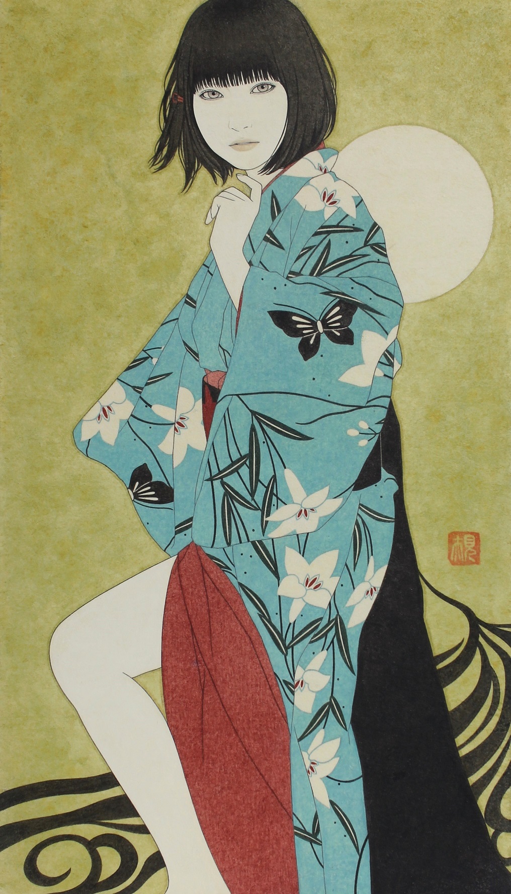 1girl, animal_print, artist_logo, black_hair, blue_kimono, butterfly_print, butterfly_print_kimono, fine_art_parody