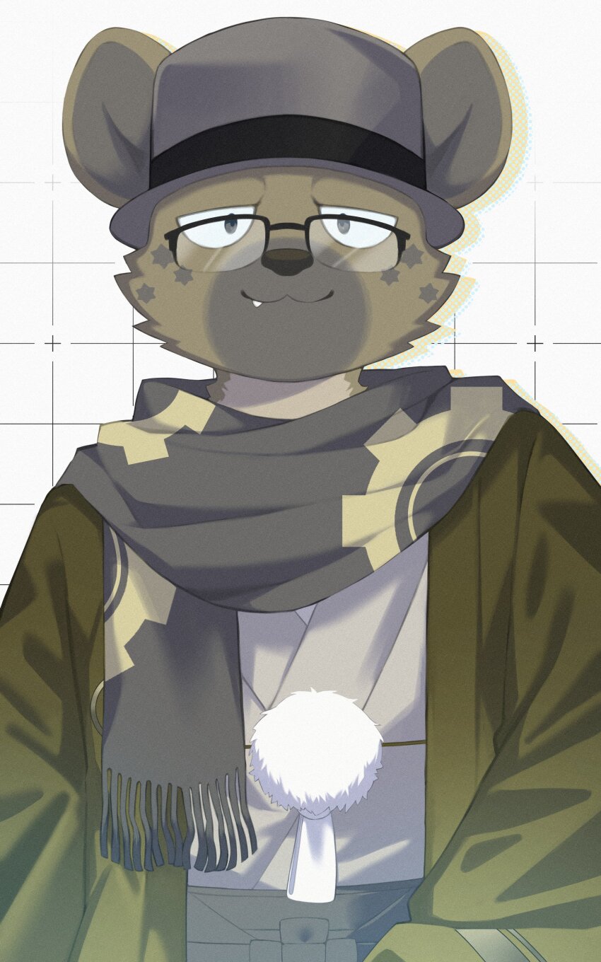 1boy, absurdres, brown_hat, brown_scarf, closed_mouth, commentary_request, fang, fang_out