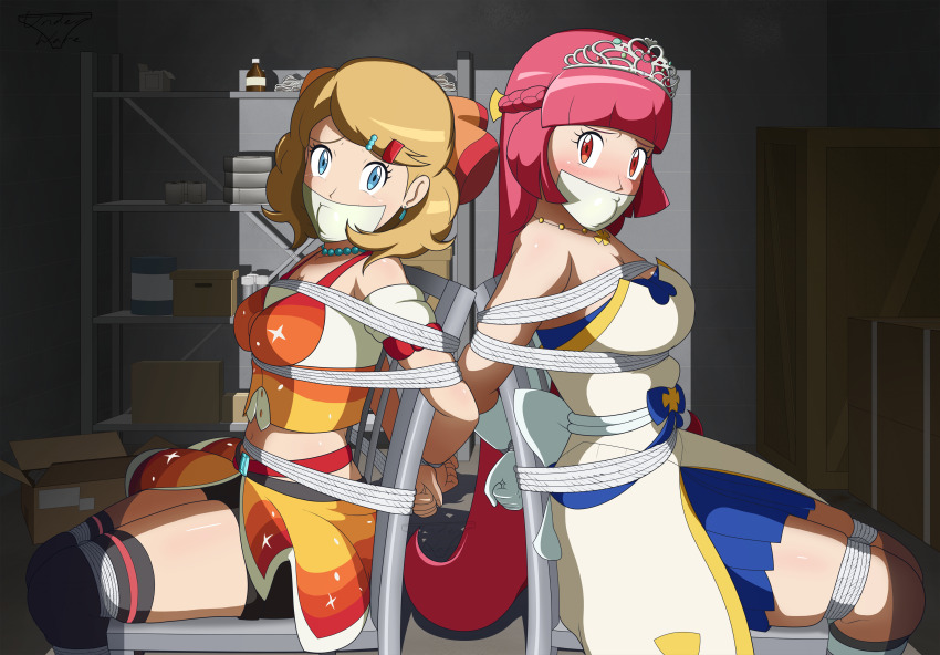 2girls, absurdres, aria_(pokemon_anime), arms_behind_back, bare_shoulders, bdsm, black_thighhighs, blue_eyes