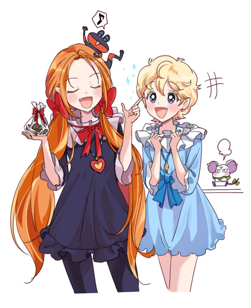 2girls, blanca_(sugar_sugar_rune), blonde_hair, blue_pajamas, blush, chocolat_meilleure, closed_eyes, duke_(sugar_sugar_rune)