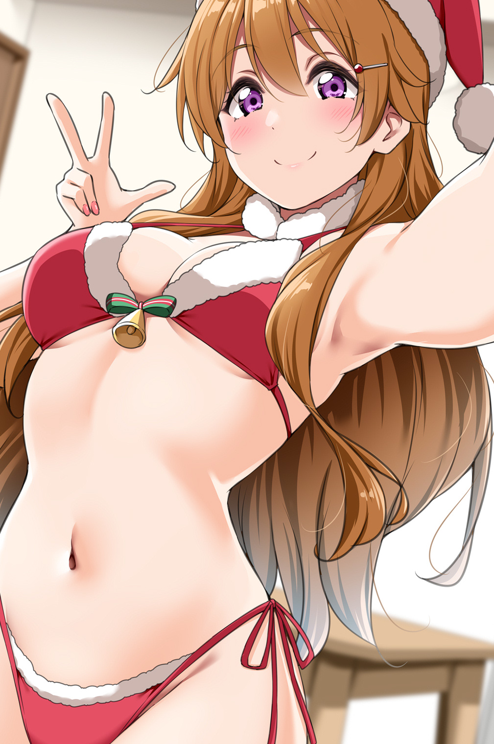 1girl, armpits, bell, bikini, bra, breasts, breasts_apart, brown_hair