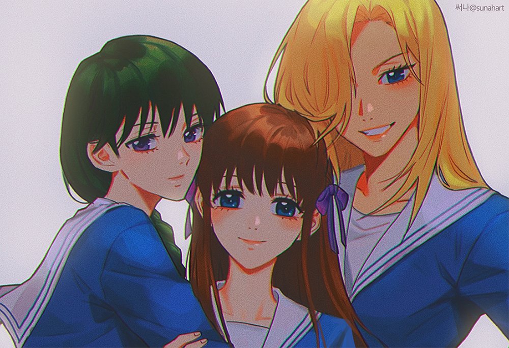 3girls, blonde_hair, blue_eyes, blue_ribbon, blunt_bangs, braid, braided_ponytail, brown_hair