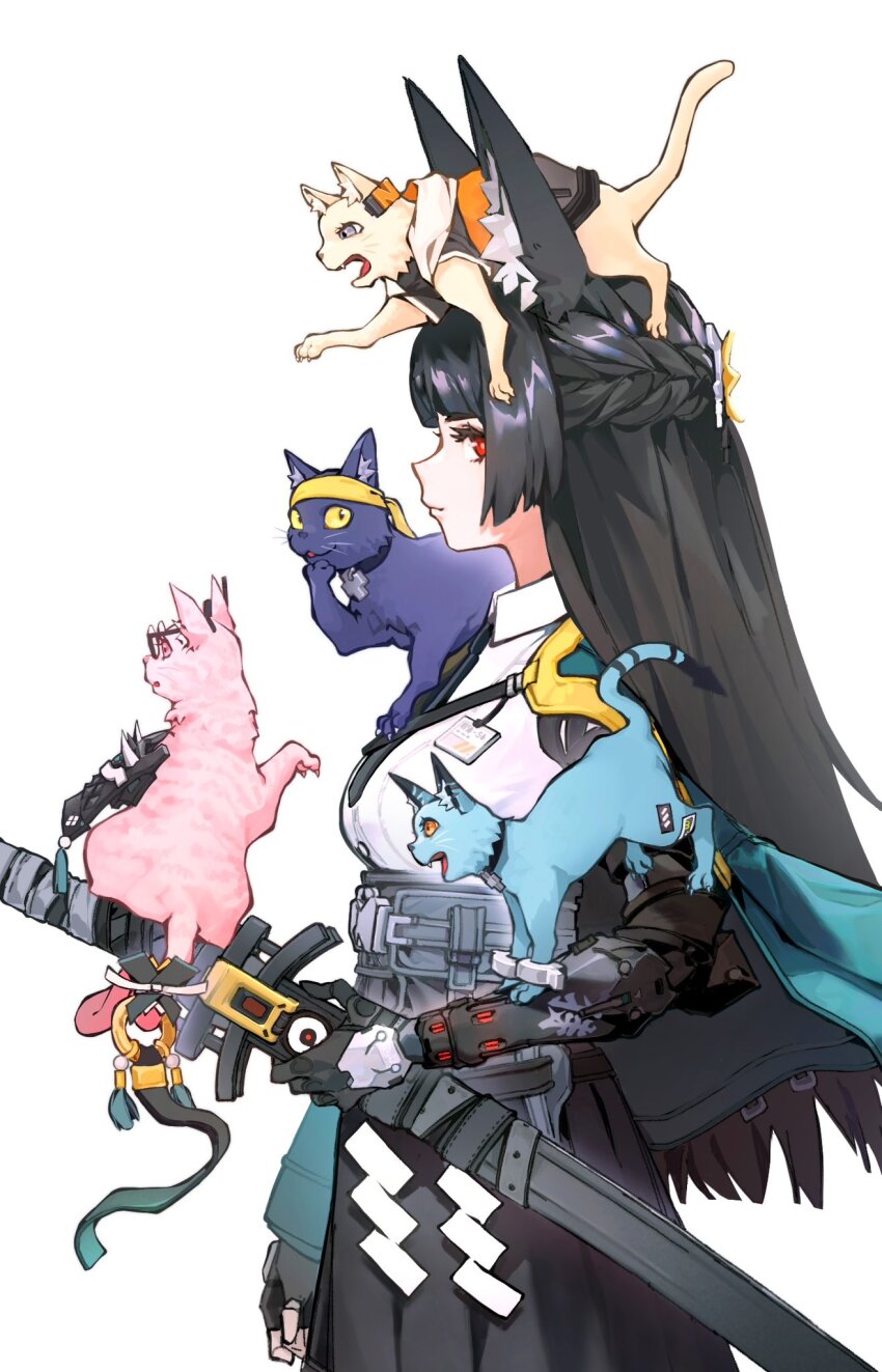 1girl, animal_ears, asaba_harumasa, asaba_harumasa_(cat), black_cat, black_gloves, black_hair, black_necktie, black_skirt, blue_cat, blunt_bangs, cat, closed_mouth, cowboy_shot, dress_shirt, fingerless_gloves, fox_ears, fox_girl, gauntlets, gloves, high-waist_skirt, highres, holding, holding_sword, holding_weapon, hoshimi_miyabi, long_hair, looking_at_viewer, necktie, pink_cat, red_eyes, shirt, sidelocks, single_fingerless_glove, skirt, smile, solo, soukaku_(cat), soukaku_(zenless_zone_zero), sword, tsukishiro_yanagi, tsukishiro_yanagi_(cat), weapon, white_background, white_shirt, zenless_zone_zero, zero808w