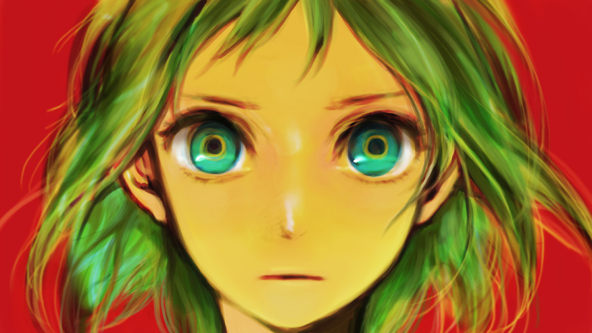 1girl, aqua_eyes, close-up, female_focus, green_hair, gumi, multicolored_eyes, nishi_e_yuku_(vocaloid), red_background, short_hair, solo, vocaloid, yokoyari_mengo