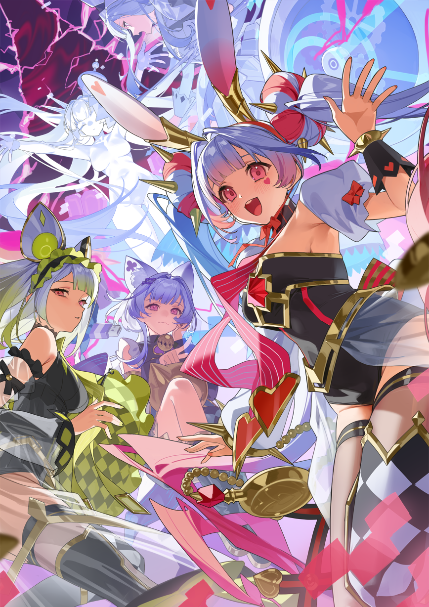 5girls, :3, animal_ears, bare_shoulders, bell, cat_ears, detached_sleeves, double_bun