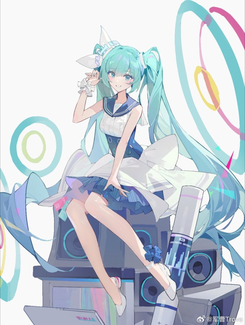 1girl, alternate_costume, aqua_eyes, aqua_hair, audio_visualizer, blue_archive, blue_sailor_collar, blush