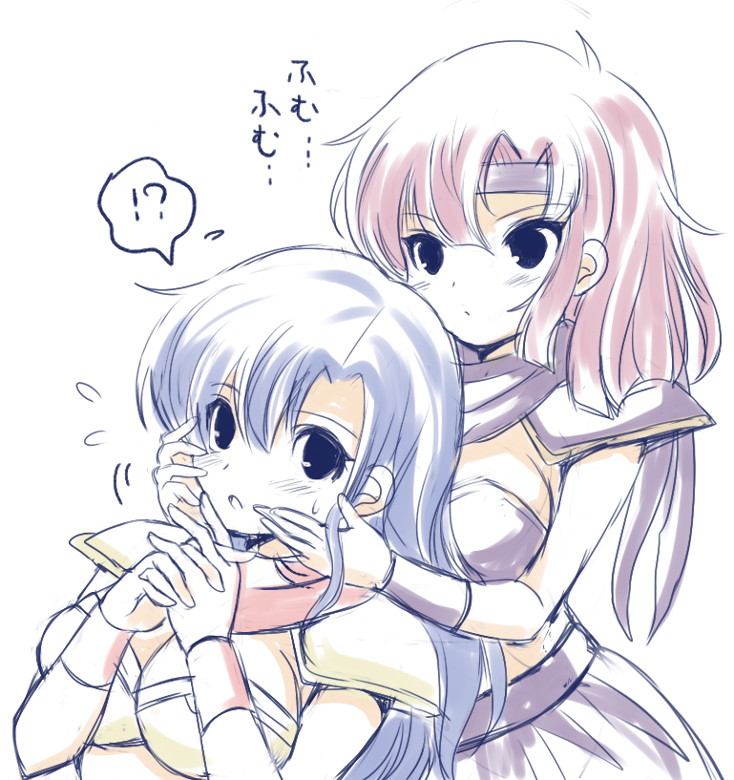 !?, 2girls, armor, asou_yuuko, bandana, bikini_armor, black_eyes, blue_hair