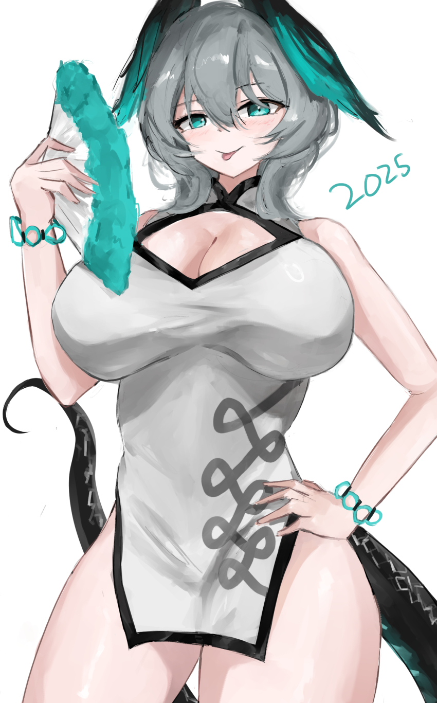 1girl, :p, aqua_eyes, arknights, blush, breasts, china_dress, chinese_clothes