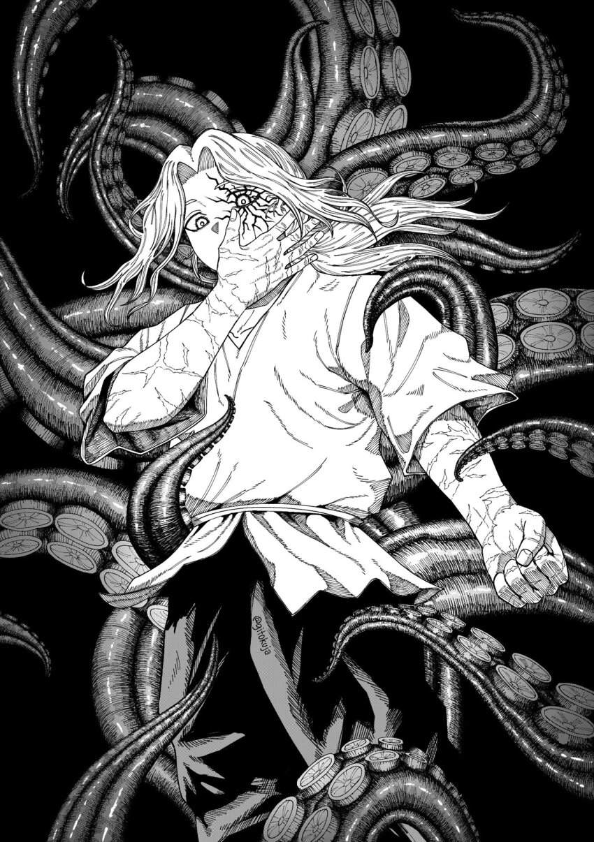 1boy, blonde_hair, centuria, covered_mouth, gitokuja, glowing_veins, highres, julian_(centuria), monochrome, monster, scar, scars_all_over, solo, tentacles, too_many, veins