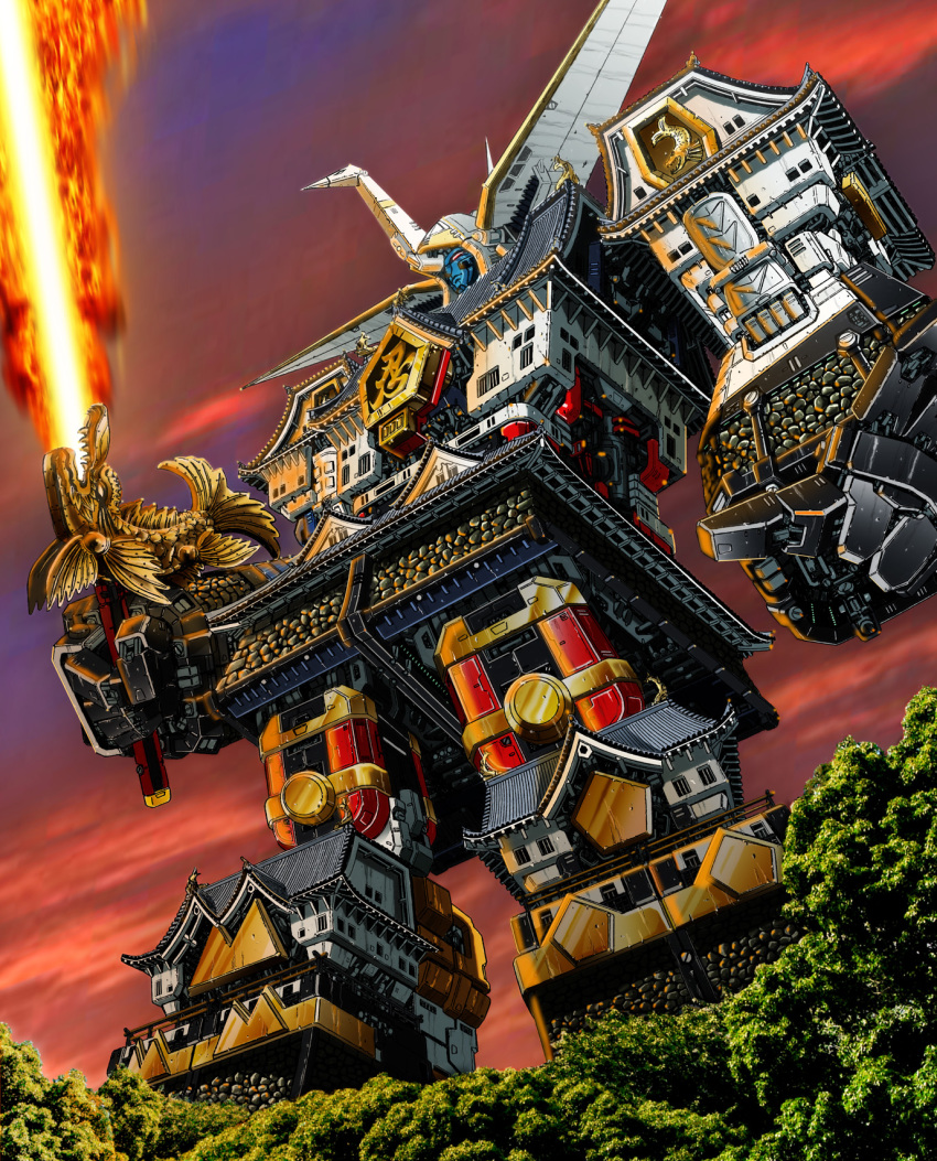 architecture, castle, east_asian_architecture, energy_sword, epic, fire, furo_(katz_m), highres, mecha, muteki_shogun, muteki_shougun, ninja_sentai_kakuranger, no_humans, robot, shogun_megazord, shogunzords, solo, source_request, sunset, super_robot, super_sentai, sword, tree, weapon