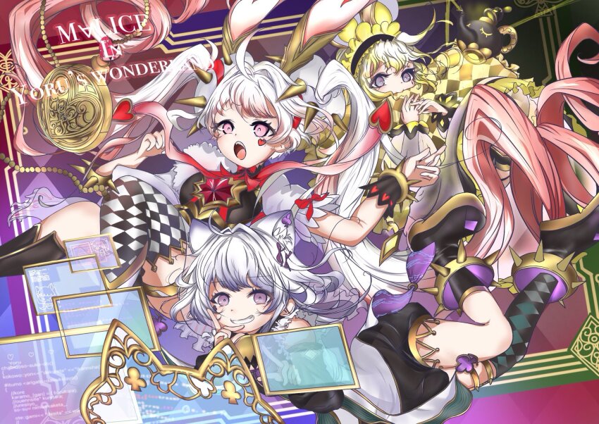 3girls, blonde_hair, breasts, cat_girl, duel_monster, grey_eyes, grin, highres