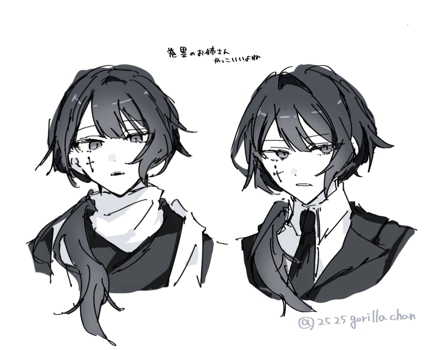 1girl, alternate_costume, black_hair, black_jacket, black_necktie, black_suit, braid, collared_shirt, cross_tattoo, facial_tattoo, formal_clothes, front_ponytail, gorira_(2525gorillachan), hair_over_shoulder, highres, jacket, kagurabachi, kesa, masumi_sumi, monochrome, necktie, ponytail, robe, shirt, simple_background, single_braid, suit, suit_jacket, tattoo, upper_body, white_background