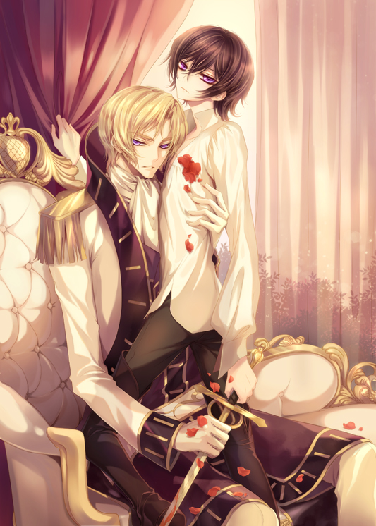 2boys, blonde_hair, blood, brown_hair, chair, code_geass, curtains, dress_shirt