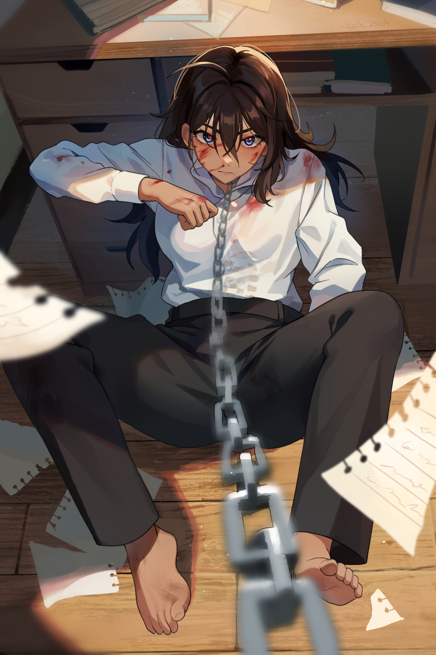 1girl, absurdres, ahoge, baozishark, barefoot, belt, black_belt, black_pants, blood, blood_on_clothes, blood_on_face, blue_eyes, brown_hair, chain, chain_leash, collared_shirt, degrees_of_lewdity, desk, eden_(degrees_of_lewdity), eden_(female)_(degrees_of_lewdity), highres, leash, long_hair, long_sleeves, pants, paper, ryona, school_desk, shirt, solo, tan, torn_paper, white_shirt