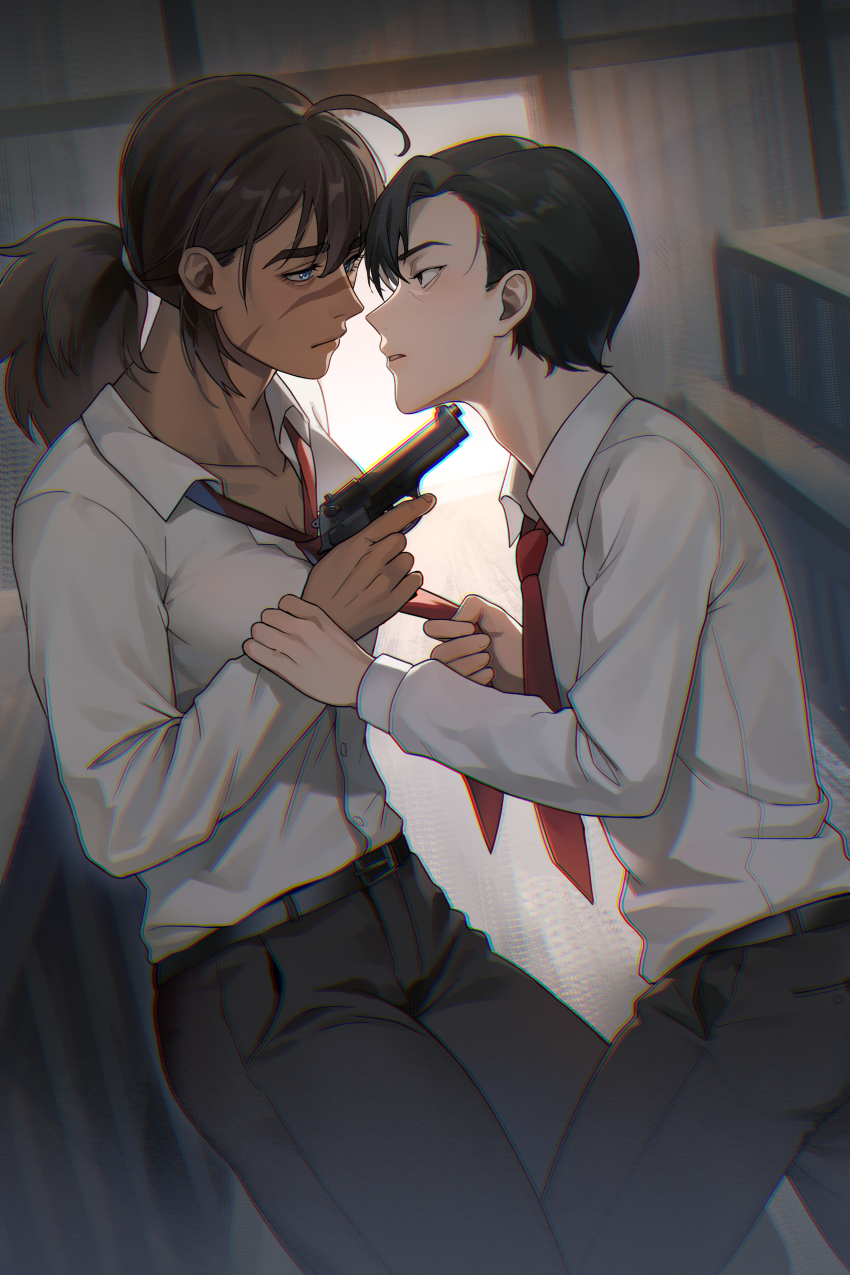 1boy, 1girl, absurdres, ahoge, bailey_(degrees_of_lewdity), bailey_(male)_(degrees_of_lewdity), baozishark, belt