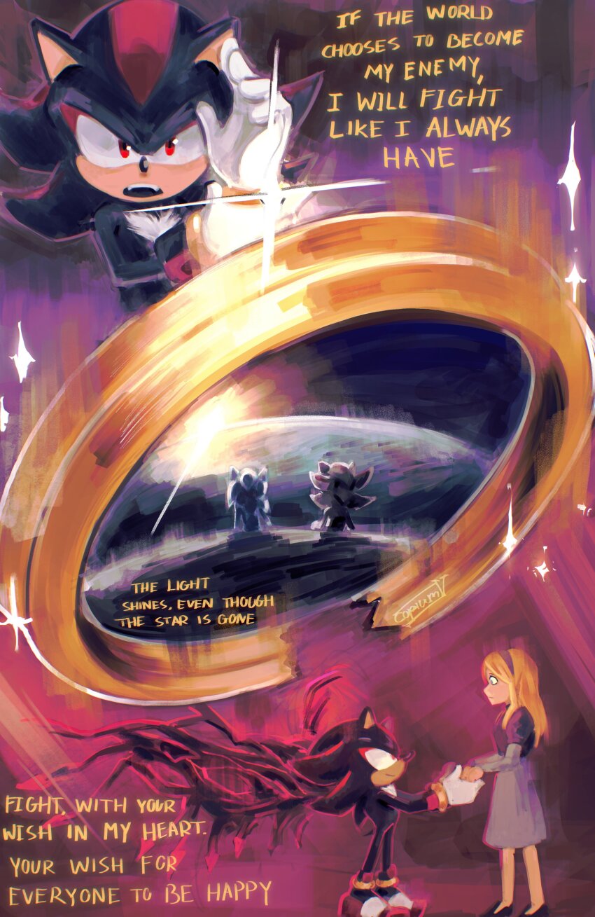 1girl, 2boys, absurdres, black_fur, blonde_hair, body_fur, copium_v, english_text, glint, highres, holding_hands, jewelry, maria_robotnik, multiple_boys, red_eyes, red_fur, ring, shadow_the_hedgehog, sonic_(live_action), sonic_(series), sonic_generations, sonic_the_hedgehog, sonic_the_hedgehog_(2006), sonic_the_hedgehog_3_(movie), sonic_x_shadow_generations