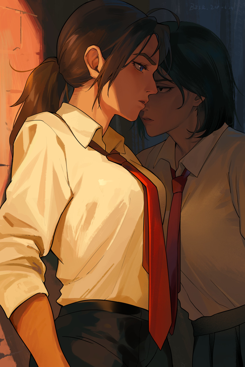 2girls, absurdres, bailey_(degrees_of_lewdity), bailey_(female)_(degrees_of_lewdity), baozishark, black_eyes, black_hair, black_skirt