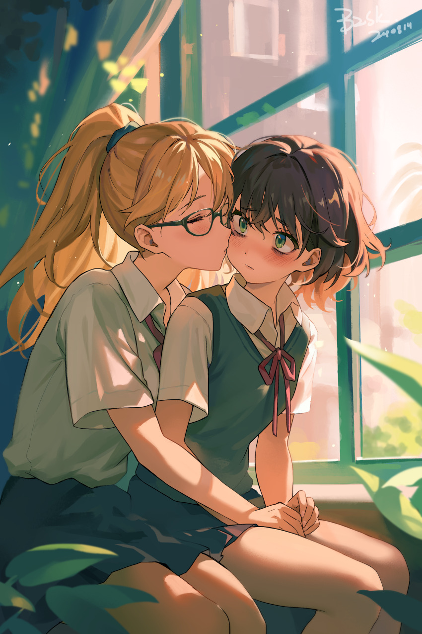 2girls, absurdres, baozishark, blonde_hair, blue_skirt, blue_vest, blush, brown_hair, closed_eyes, closed_mouth, collared_shirt, curtains, degrees_of_lewdity, green_eyes, high_ponytail, highres, kiss, kissing_cheek, kylar_(degrees_of_lewdity), kylar_(female)_(degrees_of_lewdity), leaf, looking_at_another, multiple_girls, ponytail, school_uniform, shirt, short_hair, skirt, sydney_(degrees_of_lewdity), sydney_(female)_(degrees_of_lewdity), vest, white_shirt, window, yuri