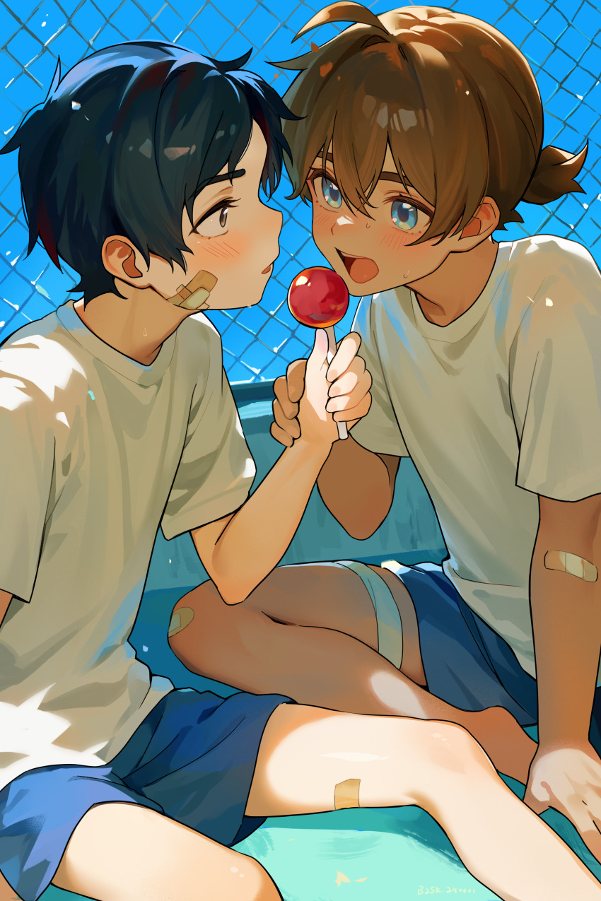 2boys, absurdres, aged_down, bailey_(degrees_of_lewdity), bailey_(male)_(degrees_of_lewdity), bandaid, bandaid_on_cheek, bandaid_on_face, baozishark, black_hair, blue_eyes, blue_shorts, blush, brown_hair, candy_apple, child, degrees_of_lewdity, eden_(degrees_of_lewdity), eden_(male)_(degrees_of_lewdity), food, highres, looking_at_another, male_focus, multiple_boys, pants, ponytail, purple_eyes, rooftop, shirt, short_hair, short_ponytail, shorts, t-shirt, tan, white_shirt