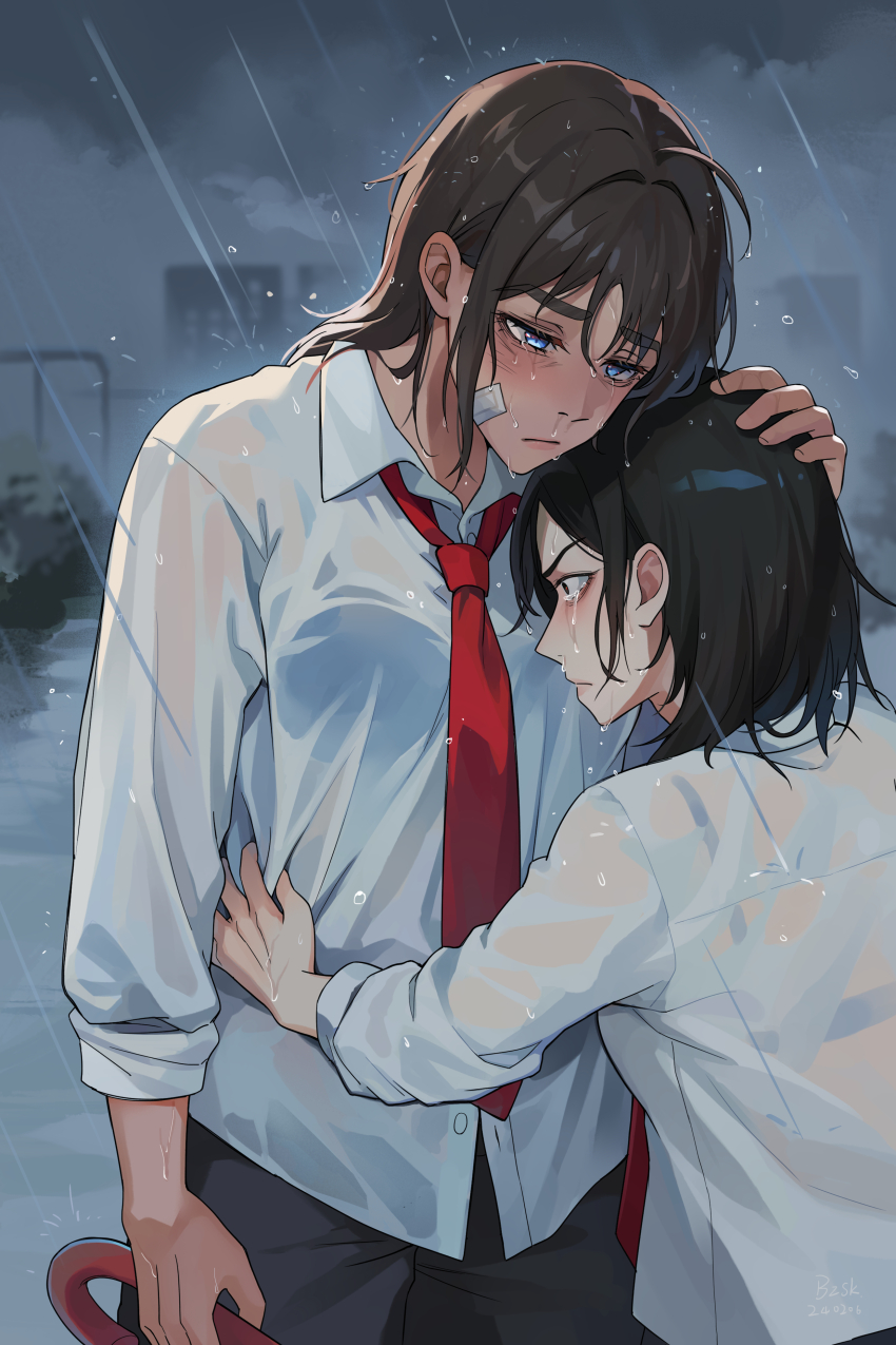 2girls, absurdres, bailey_(degrees_of_lewdity), bailey_(female)_(degrees_of_lewdity), bandaid, bandaid_on_cheek, bandaid_on_face, baozishark