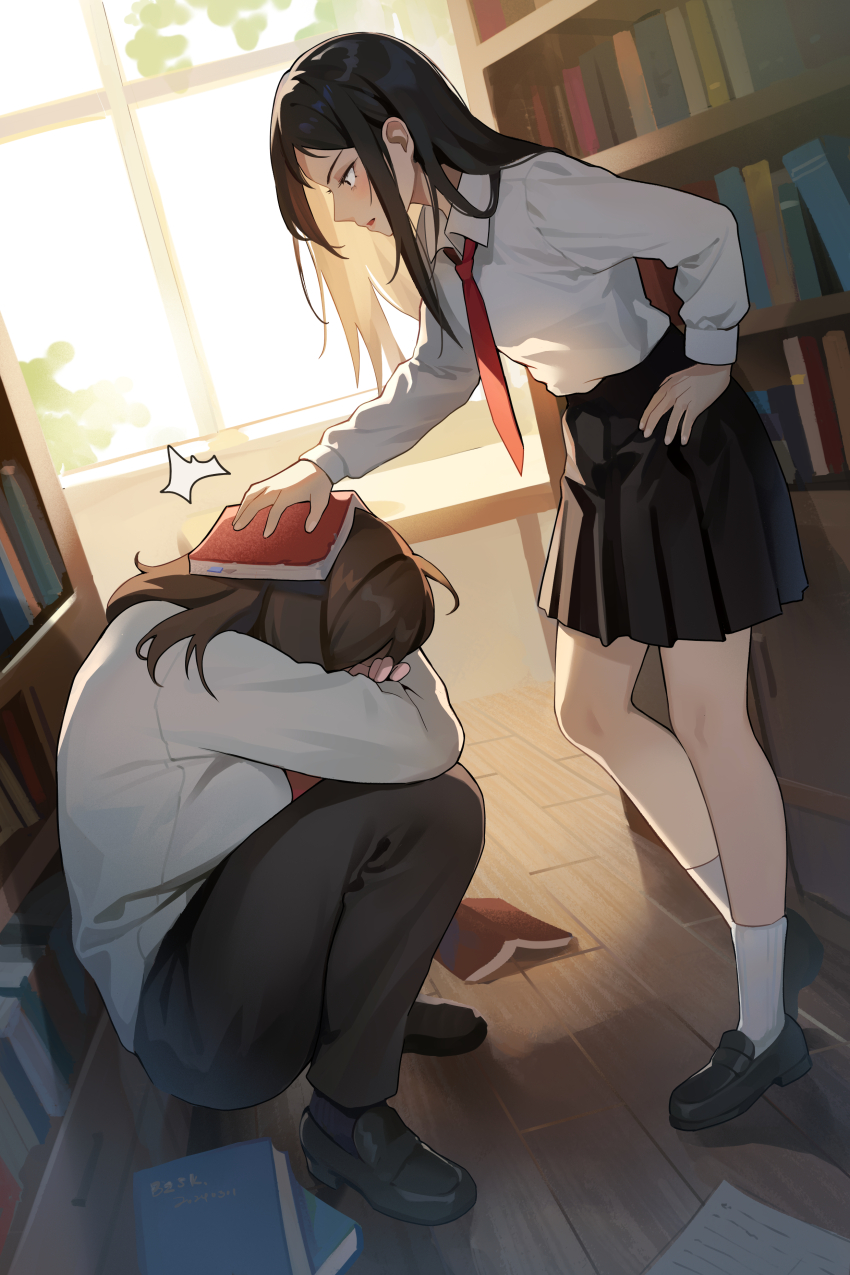 2girls, absurdres, bailey_(degrees_of_lewdity), bailey_(female)_(degrees_of_lewdity), baozishark, black_eyes, black_footwear, black_hair