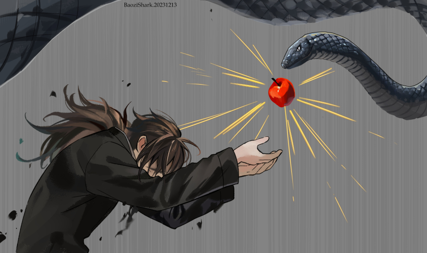 1girl, apple, baozishark, black_liquid, black_shirt, brown_hair, covered_eyes, degrees_of_lewdity