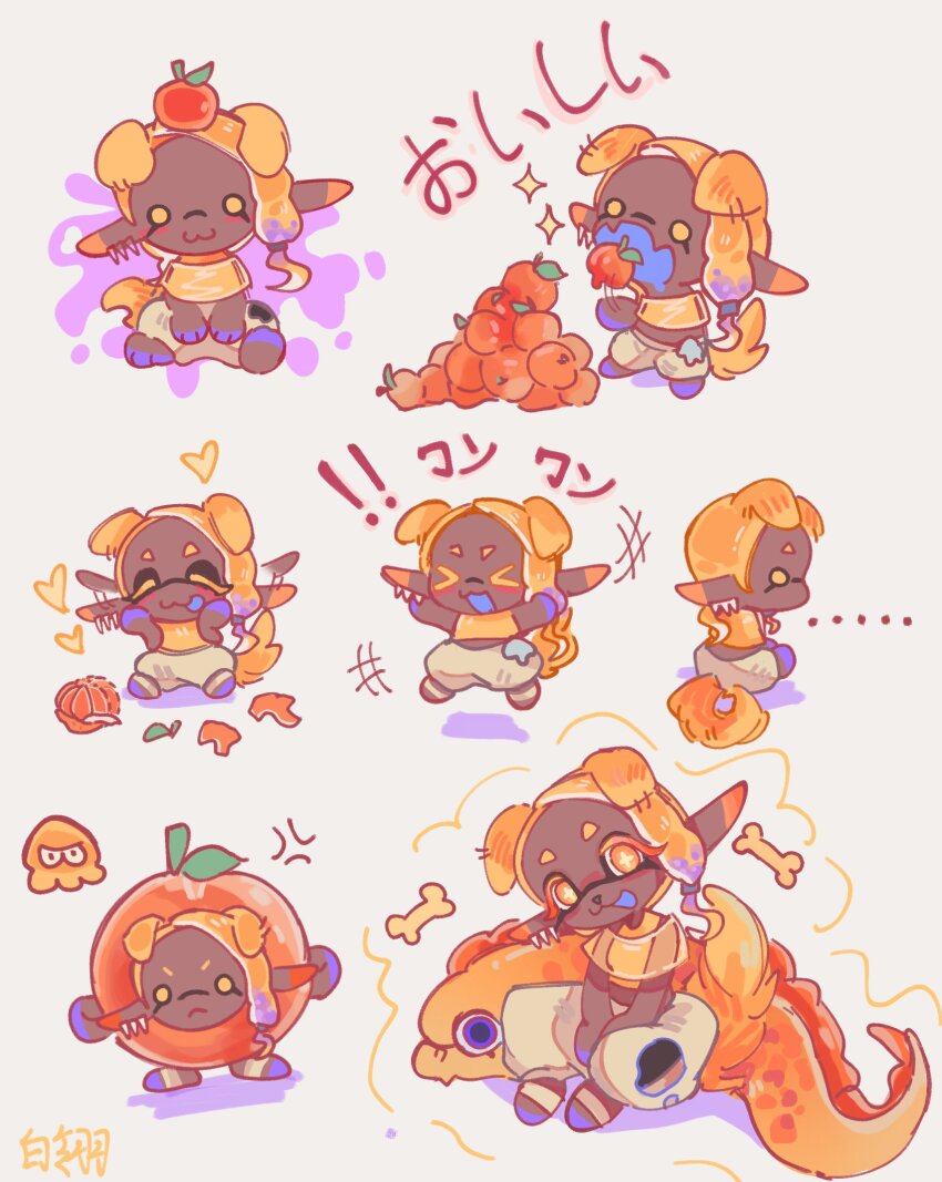 !, !!, >_<, +++, ..., 1girl, :3, :p, anger_vein, animal_ears, beanye1234, blonde_hair, bone, bright_pupils, chibi, clothing_cutout, colored_eyelashes, commentary_request, cross-shaped_pupils, dark-skinned_female, dark_skin, dog_ears, dog_girl, ear_wiggle, earrings, eating, food, fruit, frye_(deep_cut_outfit)_(splatoon), frye_(splatoon), happy, harem_pants, heart, highres, inkling, jewelry, kemonomimi_mode, mandarin_orange, moray_eel, multiple_earrings, multiple_views, nintendo, pants, purple_eyes, shawl, simple_background, sitting, smile, sparkle, splatoon_(series), splatoon_3, symbol-shaped_pupils, tongue, tongue_out, tooth_earrings, translation_request, white_background, white_pupils, yellow_eyes, yellow_shawl