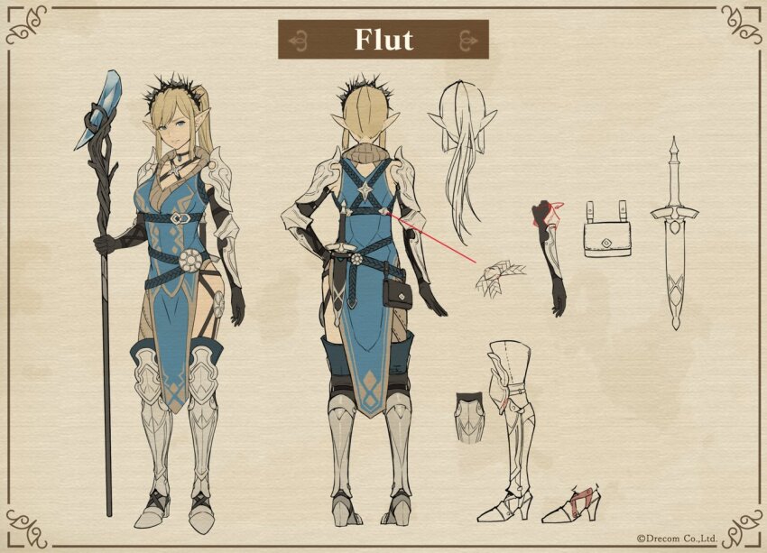 1girl, armor, armored_boots, blonde_hair, blue_eyes, boots, breasts, concept_art